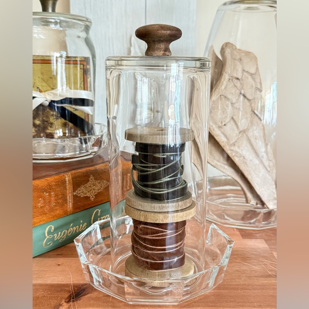 Elegant Glass Cloche with Wooden Finial, Vintage Italian Crystal Base